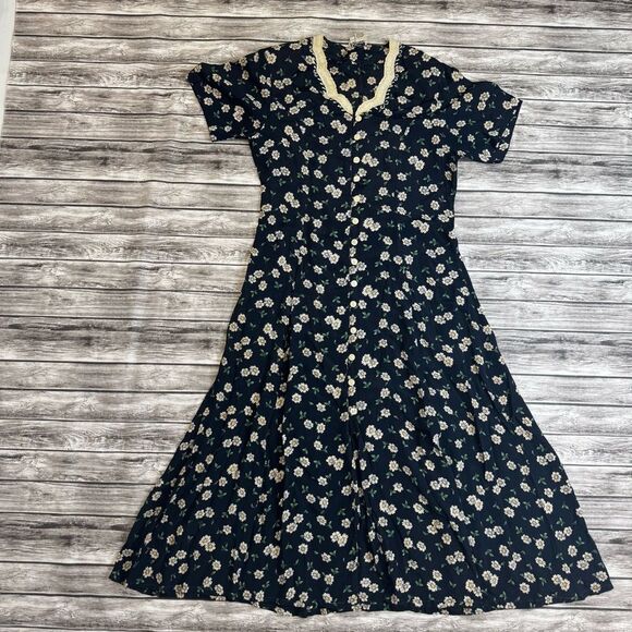 Vinita Women's Floral Button Front Dress VTG Vintage M Med Medium Blue Collared - Picture 14 of 15